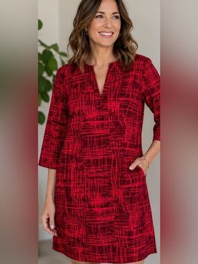 Lesley Evers Tunic Shift Dress Small Red Pink Abstract Brushstroke Small